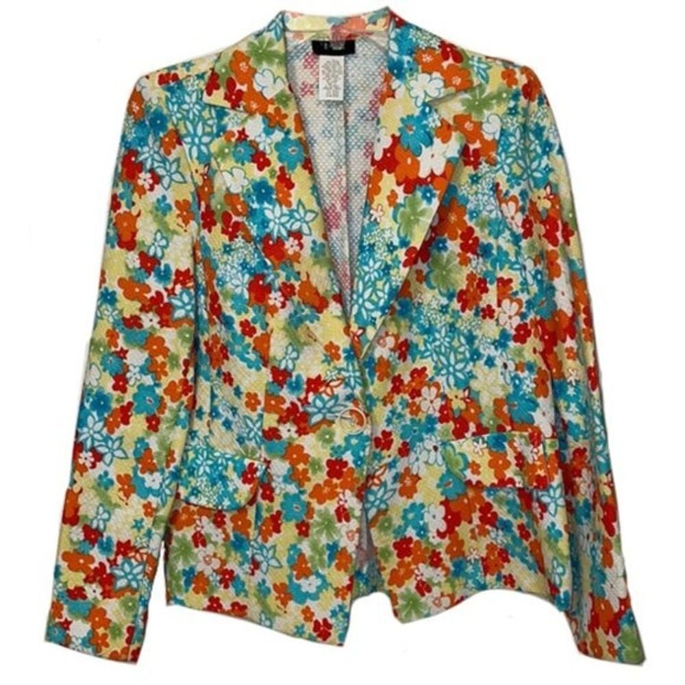 RQT Multicolor Floral Cotton Pique Blazer Jacket Womens Size 12 Vintage Blue